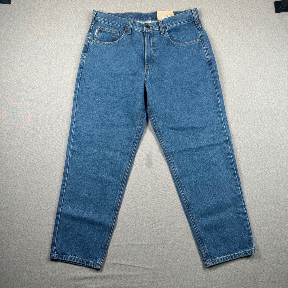 Carhartt Jeans Mens 35x28 Relaxed Fit Blue Denim Casual Work B17 DST Tapered Leg - Picture 2 of 10